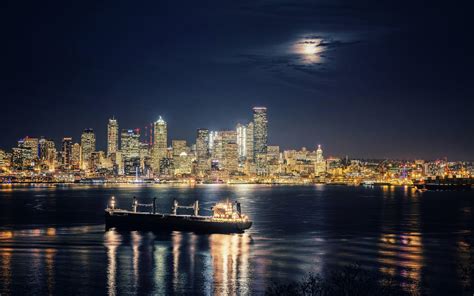 Download Wallpapers Seattle Elliott Bay Night Cityscape Skyline