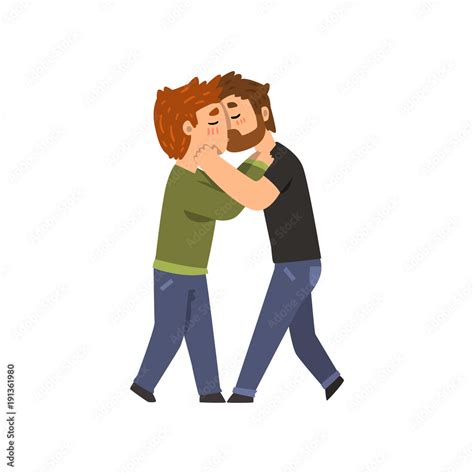 Couple Of Gay Men Embracing And Kissing Lgbt Men In Love Cartoon Vector Illustration Stock