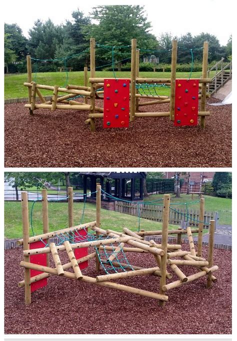 A Double Triangular Log Climbing Frame With Two Climbing Walls Two
