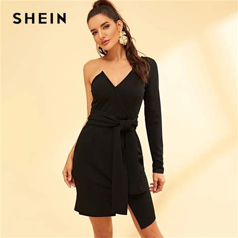 Shein Night Out Black One Shoulder Tie Waist Asymmetrical Dress High