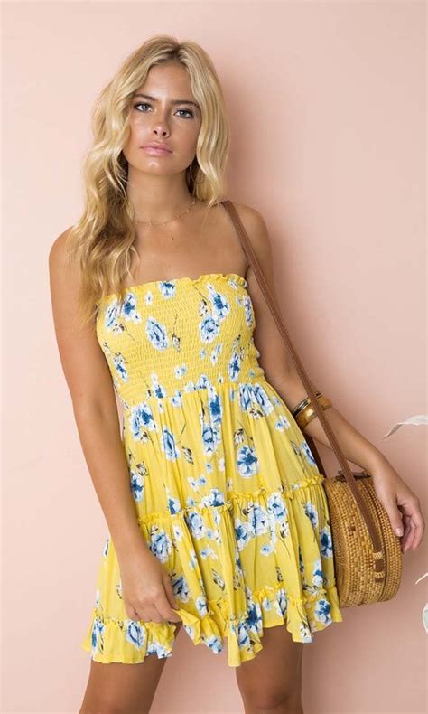 Summer Festival Yellow Floral Pattern Strapless Smocked Ruffle Empire