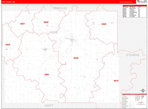 Pope County, MN Zip Code Wall Map Red Line Style by MarketMAPS - MapSales