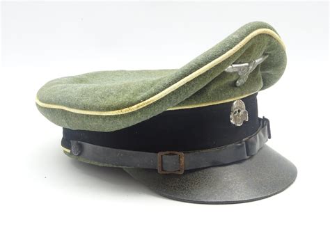 Ww2 German Waffen Ss Officers Peaked Cap With Metal Eagle And