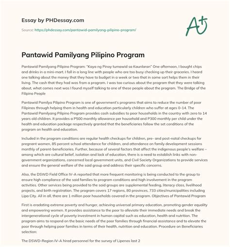 Pantawid Pamilyang Pilipino Program Research And Thesis Essay