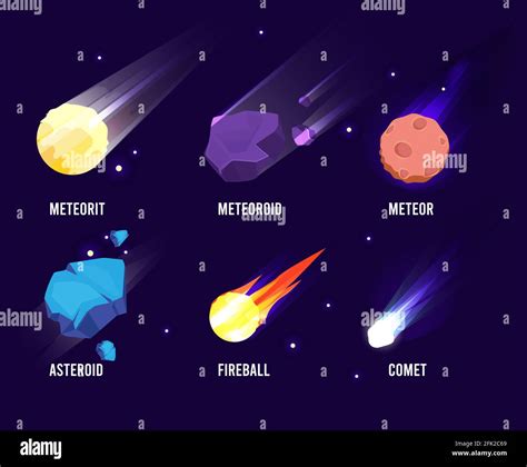 Space Objects Glowing Universe Astronomy Set Meteor Asteroid Vector Comets Collection In