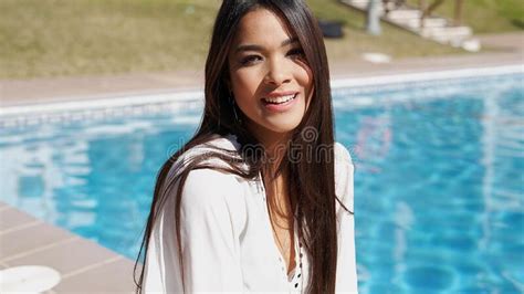 Cheerful Ethnic Woman Near Swimming Pool Stock Image Image Of Female Chill 246973377