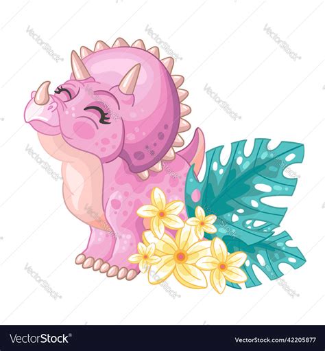 Cute Cartoon Pink Triceratops With Flowers Vector Image