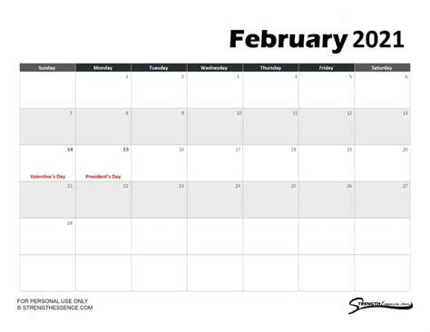 February Calendar Pdf With Holidays Strength Essence