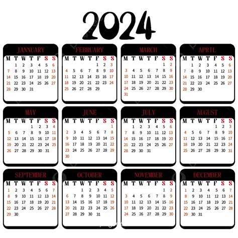 2024 Siyah Beyaz Takvim Basit Masa Takvimi Vektör 2024 Takvim Basit