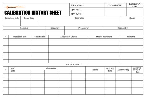 Calibration History Sheet Format
