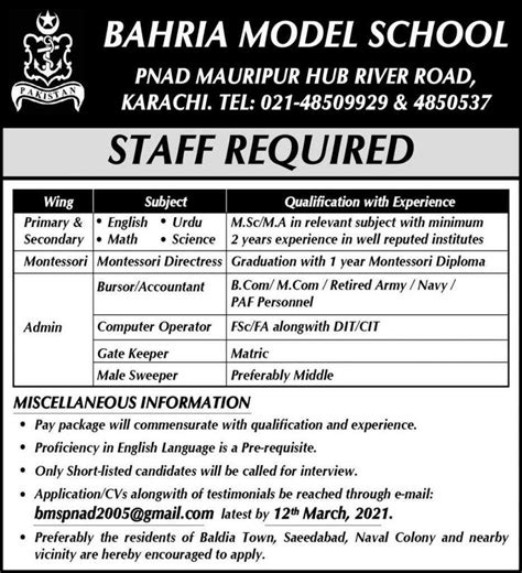 Bahria Model School Karachi Jobs 2021 Latest Jobs In Pakistan