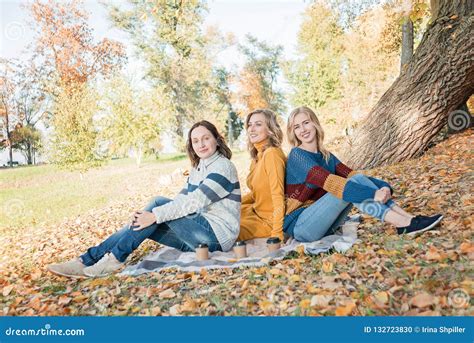 Cheerful Attractive Three Young Women Best Friends Having Picnic And