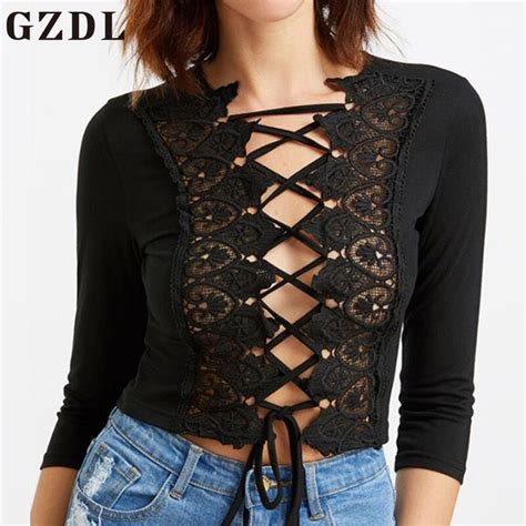 gzdl lace up black women summer crochet crop top fashion 3 4 sleeve hollow out blusas casual