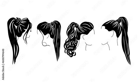 Ponytail Hairstyle For Long Hair Set Of Silhouettes Stylish Styling