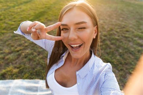 Close Up Of A Happy Young Woman Taking A Selfie Stock Photo Image Of