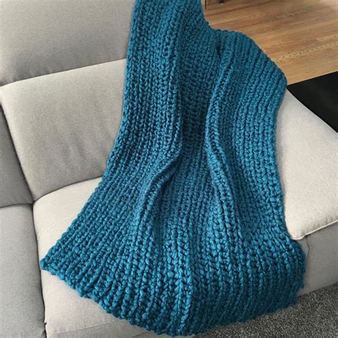 Chunky Knit Blanket Teal Throw Wool Blend Blanket Knitted