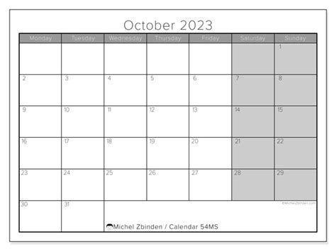 October 2023 Printable Calendar 54ms Michel Zbinden Sg