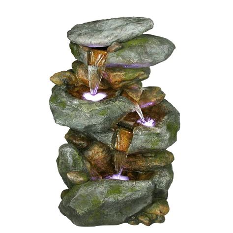 Alpine Corporation Outdoor 3 Tier Rock Water Fountain With Led Lights