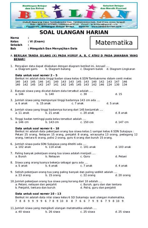 Pdf Soal Matematika Kelas 6 Sd Bab 4 Pengolahan Dan Penyajian Data