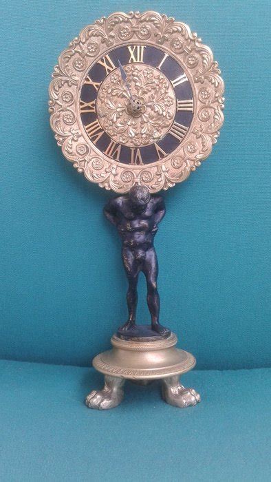 Bronze Clock Nude Male As The Atlas Statue Wearing A Rosette Shaped