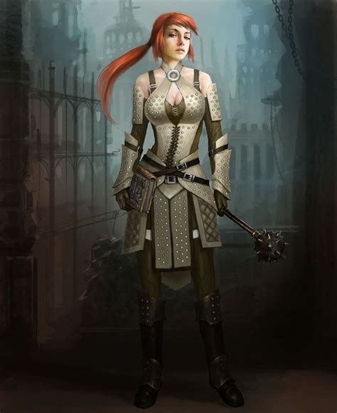 Redhead Female Human Morningstar Studded Leather Armor Cleric Fighter