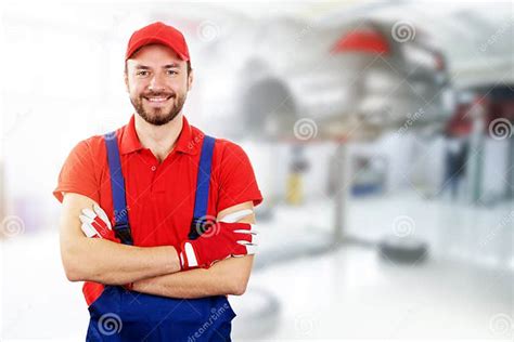 Happy Auto Mechanic Standing In Car Service Stock Photo Image Of