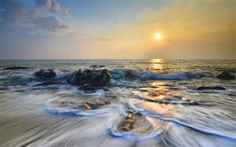 Nature Beaches Waves Ocean Sea Sky Clouds Sunrise Sunset Wallpaper