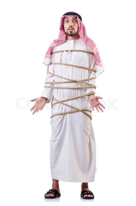 Arabisk mand bundet op med reb på hvid Stock foto Colourbox