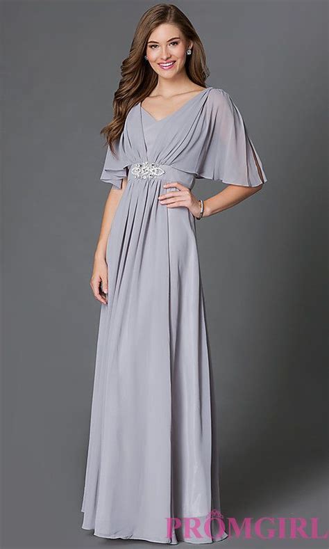 Image Of Empire Waist Full Length Dress With Flutter Sleeves Style Dq 9240 Front Image Prom