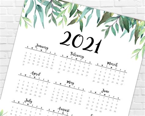 2021 Year At A Glance Free Month Calendar Printable
