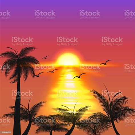 Dark Palm Trees Silhouettes On Colorful Tropical Ocean Sunset