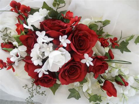 Red And White Bridal Brides Cascade Wedding Bouquet Silk