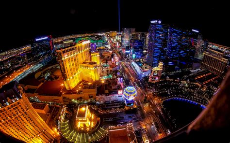 Las Vegas Buildings Night Lights Fisheye Hd Wallpaper