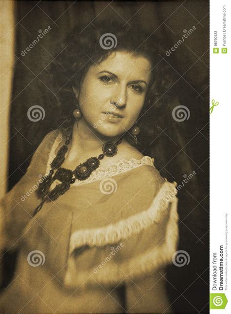 Photo Of Curly Brunette In Retro Style With Sepia Effect Stock Image Image Of Beautiful