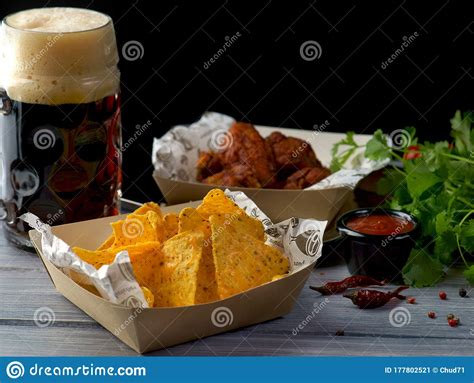 Chicken Wings And Nachos With A Glass Of Beer Stock Image Image Of