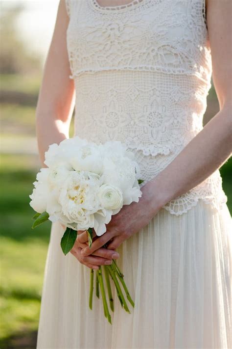 Bride Holding Wedding Bouquet White Peony Flowers Classical Elegance