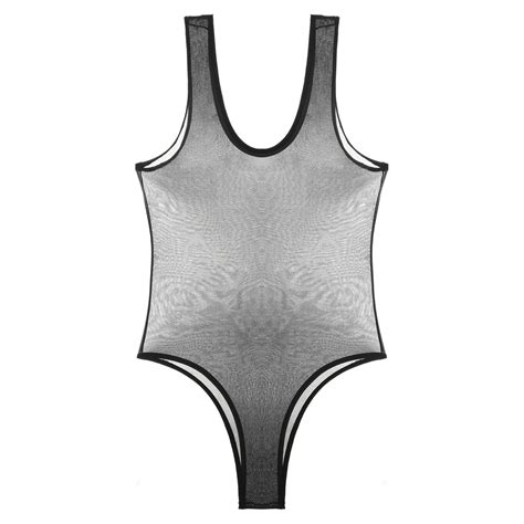 womens see through bodysuit sleeveless high cut leotard mesh sheer nightwear ebay