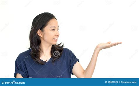 asian girl doing presentation hand gesture with copy space stock image image of shirt full