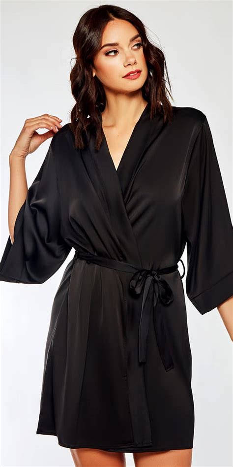 Black Satin Lace Insert Robe Sexy Women S Loungwear Sleepwear