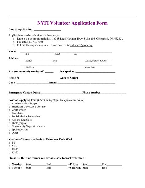 Volunteer Application Form Template Nvfi Volunteer Application Form
