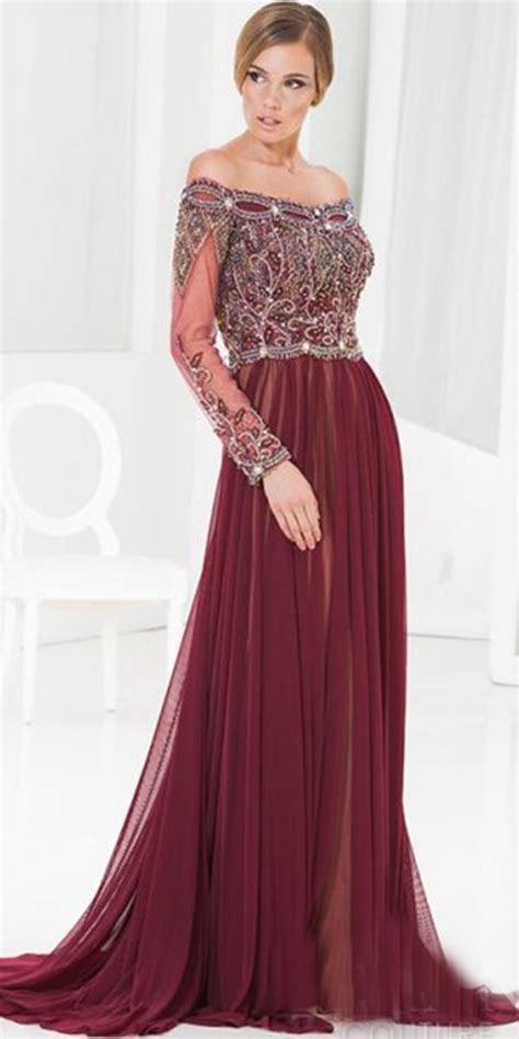 Long Mother Of Bride Dresses With Sleeves Off The Shoulder Burgundy