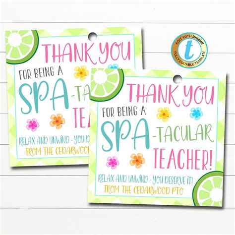 Teacher Gift Tags, Spa Theme Teacher Appreciation, Spa-tacular Teacher