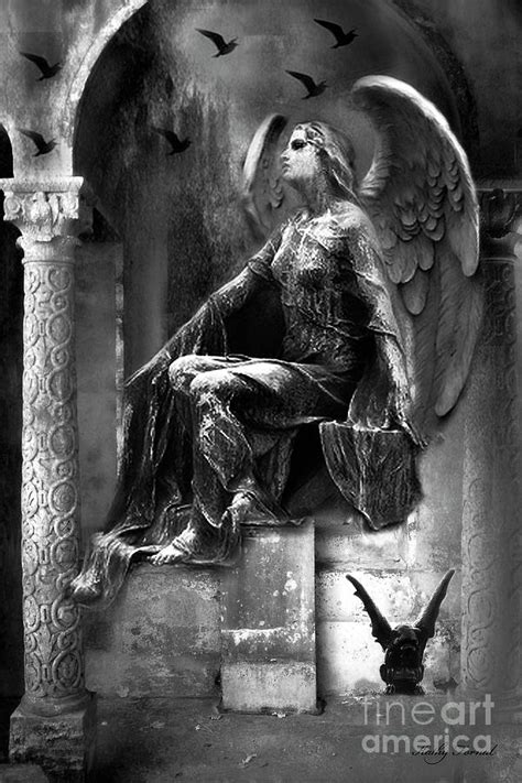 Gothic Dark Angel With Gargoyle Ravens Black And White Photography