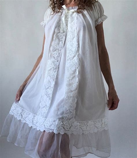 1960s Nightgown Chiffon Babydoll White With Lace And Bow Etsy