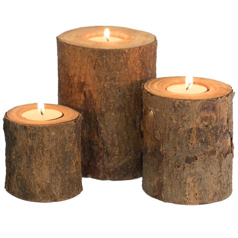 Bark Wooden Pillar Tree Stump Tea Light Rustic Candle Holder Set Of 3