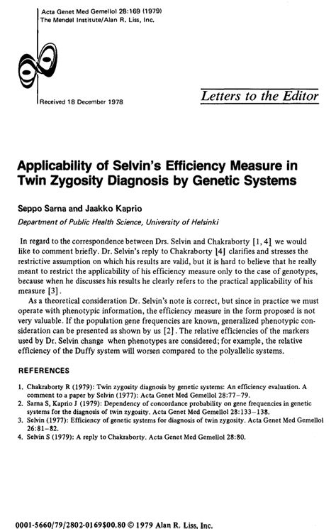 Applicability Of Selvins Efficiency Measure In Twin Zygosity Diagnosis