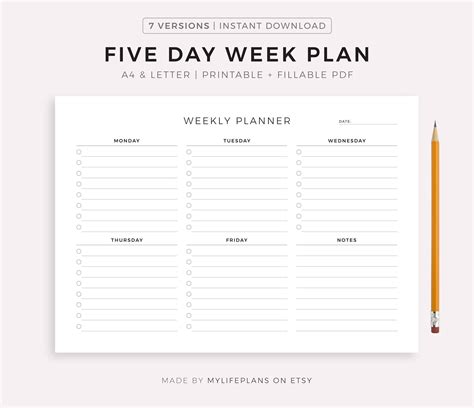 Five Day Weekly Planner Printable To Do List Weekly Schedule Etsy