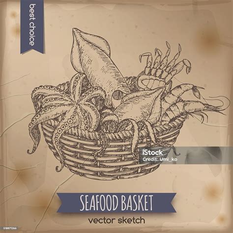 Sketsa Keranjang Makanan Laut Vintage Dengan Gurita Kepiting Udang Dan