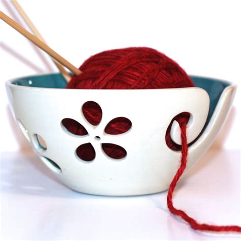 Turquoise Flower Yarn Bowl Yarn Bowl Knitting Bowl Crochet Etsy