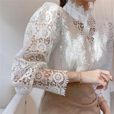 2020 Lace Hollow Flower Womens Blouses Tops Fall Korean Style Stand Collar Loose Single Breasted
